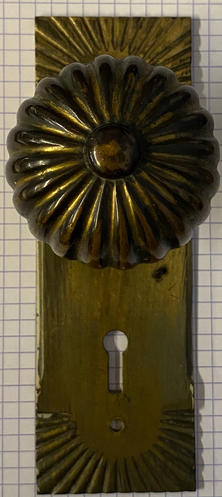 "Sunburst" Antique Pair Door Knobs with Matching Backplates
